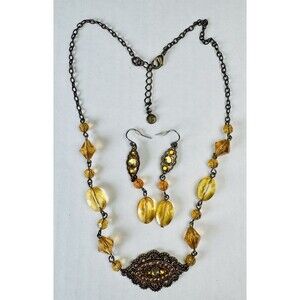 LC Laura Conrad Necklace Earrings Set Champagne Acrylic Beads Gold Tone 18”+ 2”
